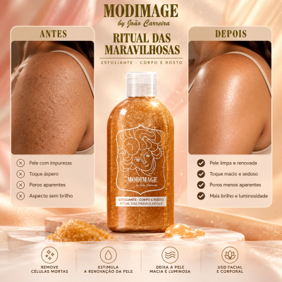 Frasco esfoliante MODIMAGE com antes e depois no ombro mostrando efeito do produto