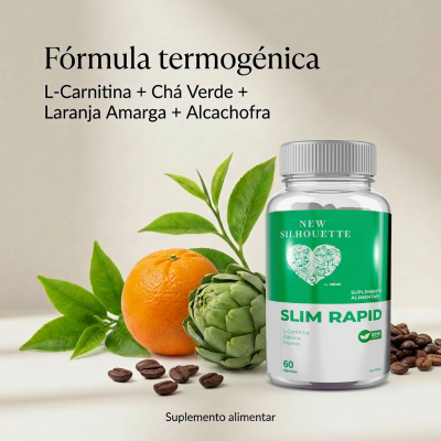 Frasco de suplemento alimentar SLIM RAPID com ingredientes naturais em fundo claro