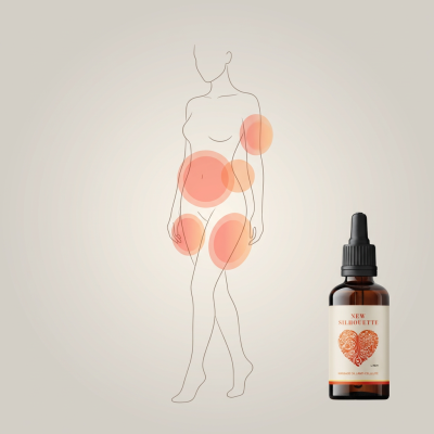 Frasco de vidro âmbar com conta-gotas e rótulo NEW SILHOUETTE ao lado de contorno de corpo feminino com manchas vermelhas.