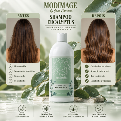 Shampoo Modimage Eucalyptus com antes e depois no cabelo e folhas de eucalipto ao fundo