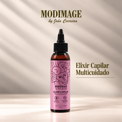 Frasco rosa de elixir capilar multicuidados com tampa preta e ilustração feminina