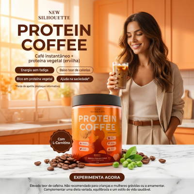 Embalagem de café protéico com grãos de café e ervilhas verdes ao lado e mulher segurando copo de bebida
