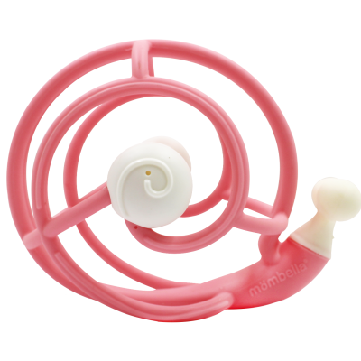 Brinquedo espiral em forma de caracol cor-de-rosa e branca com palavra 'mombella'