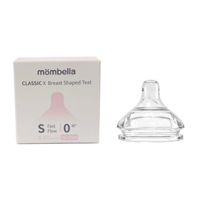 Chupeta transparente em silicone com forma de peito ao lado da caixa branca com texto preto e rosa.