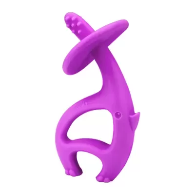 Brinquedo para bebé silicone roxo com textura ondulada e forma curva