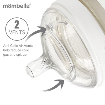 Téter de garrafa anti-cólica transparente com texto e setas explicativas