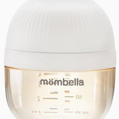 Garrafa de bebé Mombella com tampa branca e marcações de medição