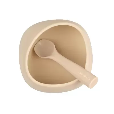 Conjunto de prato e colher para bebé em silicone cor bege