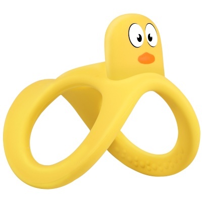 Brinquedo de borracha amarelo com olhos e boca desenhados