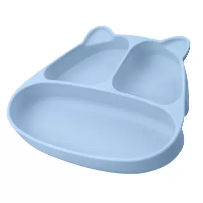 Prato infantil azul claro em silicone com três compartimentos e orelhas