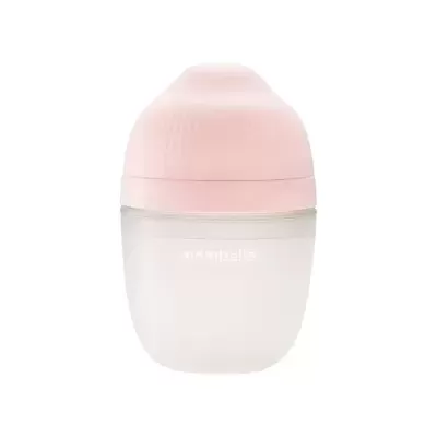 Frasco plástico cor-de-rosa e branco com texto embalia