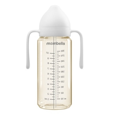 Biberão transparente com tampa e pegas brancas e escala de medição