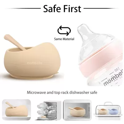 Conjunto mombella com colher e recipiente de silicone bege e biberão transparente com detalhes rosa
