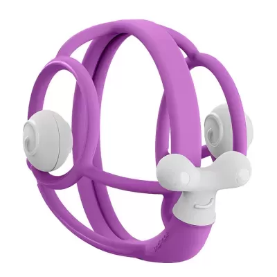 Dispositivo de massageamento roxo e branco com estrutura circular e rodas