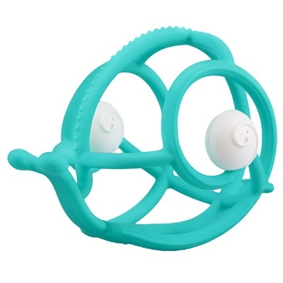 Brinquedo para bebé de silicone azul turquesa em forma de caracol com bolas brancas