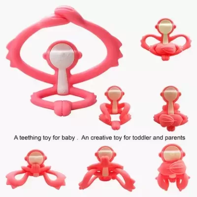 Brinquedo de dentição rosa para bebé com cabeça espelhada e várias posições