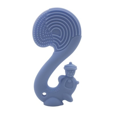 Chupeta de silicone azul com textura ondulada e figura humana na base