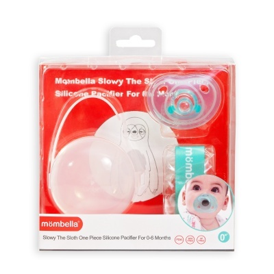 Chupeta de silicone mœmbella para bebés 0-6 meses em embalagem vermelha com texto e imagem de bebé