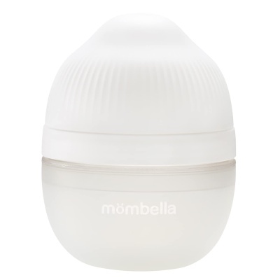 Frasco branco acetinado de creme com tampa ondulada e texto 'mômbella'