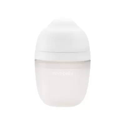 Frasco pequeno branco fosco com tampa e texto 'mombella'