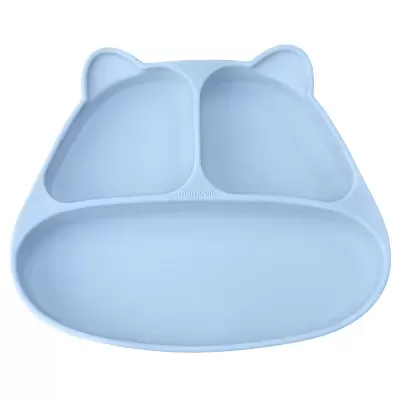 Prato de silicone azul formato rosto de animal com três divisórias e duas orelhas