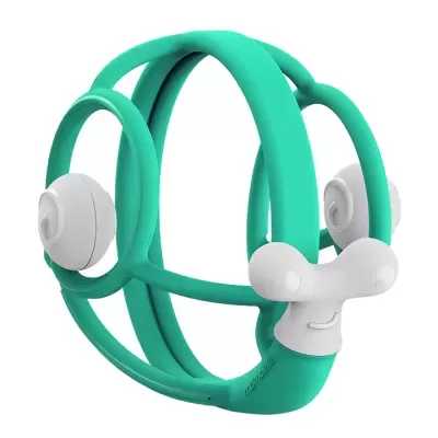 Dispositivo VR verde água e branco com pontos acolchoados em fundo branco