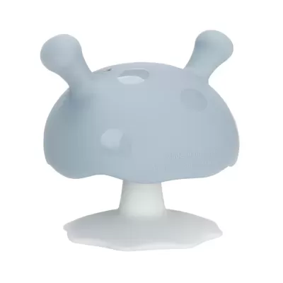 Produto em silicone azul claro com base branca em forma de cogumelo