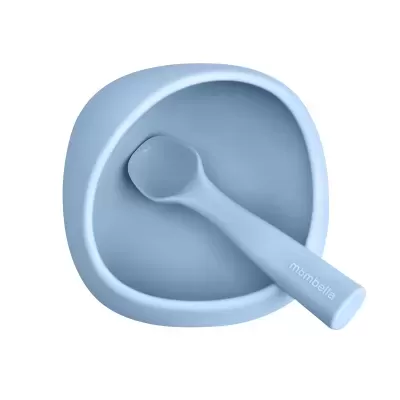 Conjunto de prato e colher em silicone azul claro