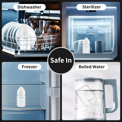 Biberão branco e transparente em máquina de lavar loiça, esterilizador, congelador e jarra com água a ferver