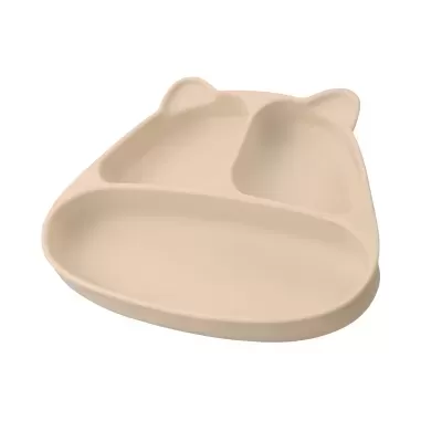 Prato infantil de silicone bege com compartimentos em forma de cabeça de urso.