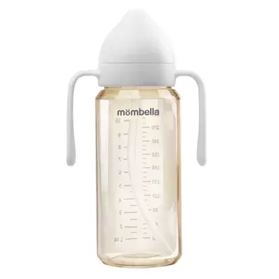 Biberão transparente com tampa e pegas brancas e marcações de medição