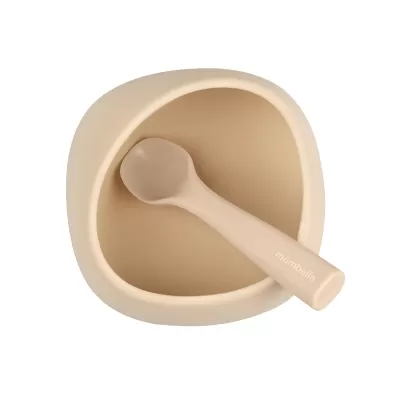 Conjunto de prato e colher para bebé em silicone cor bege