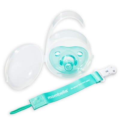 Chupeta de silicone verde água com suporte transparente e fita azul turquesa Mombella