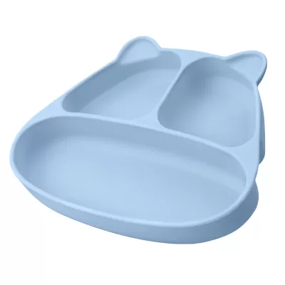 Prato infantil azul claro em silicone com três compartimentos e orelhas