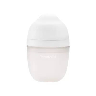 Frasco pequeno branco fosco com tampa e texto 'mombella'