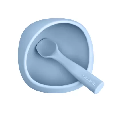 Conjunto de prato e colher em silicone azul claro