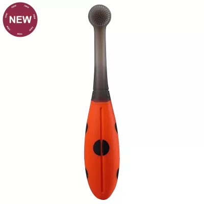 Escova de dentes vermelha com pontos pretos e cerdas pequenas, selo NEW