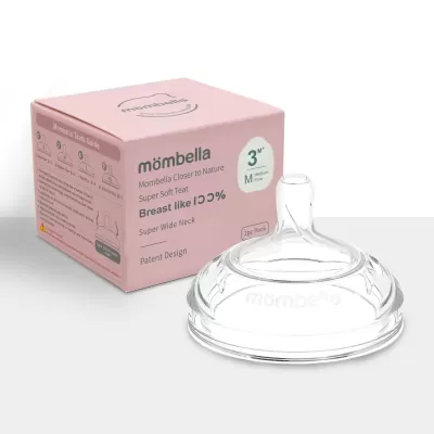 Tetina transparente para biberão com caixa rosa da marca mombella