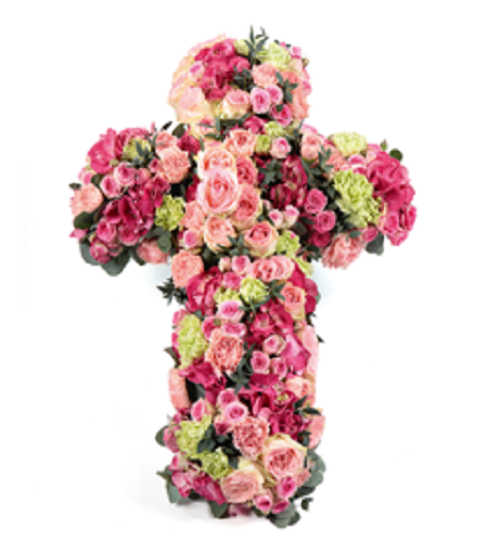 Cruz floral decorativa em tons de rosa e verde