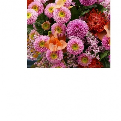 Bouquet de flores com crisântemos rosa, flores laranja, lilases e vermelhas