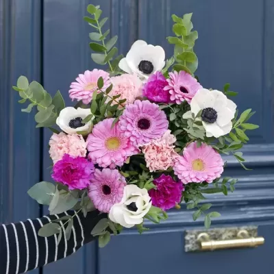 Ramo de flores com anêmonas brancas, cravos rosa, gerberas rosa e lilás, folhas verdes, contra porta azul