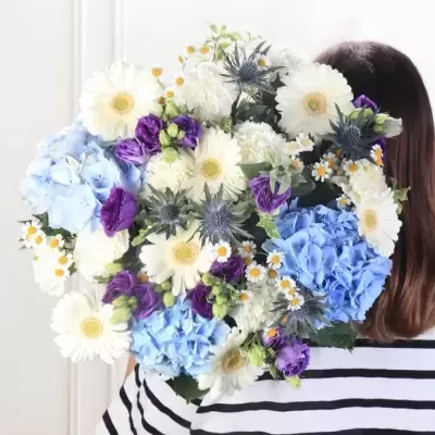 buquê colorido de flores variadas com margaridas, hortênsias e flores roxas