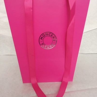 Saco de papel rosa com alças e texto Monceau Fleurs