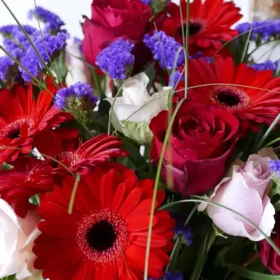 Buquê colorido com gerberas vermelhas, rosas vermelhas e brancas, e flores lilases pequenas.