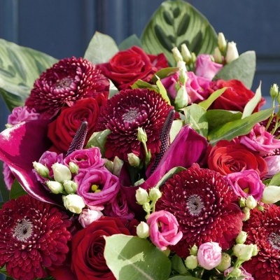 Bouquet de flores vermelhas, cor-de-rosa e verdes sobre fundo azul