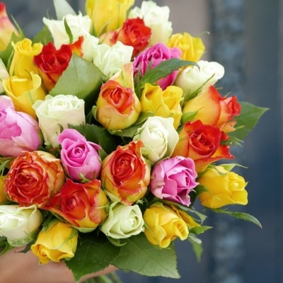 Ramo de rosas coloridas com folhas verdes