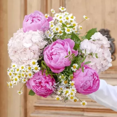 Ramo de peónias cor-de-rosa e hortênsias brancas com flores pequenas num fundo de porta de madeira.