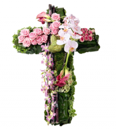 Cruz floral decorativa com flores rosas, brancas e verdes