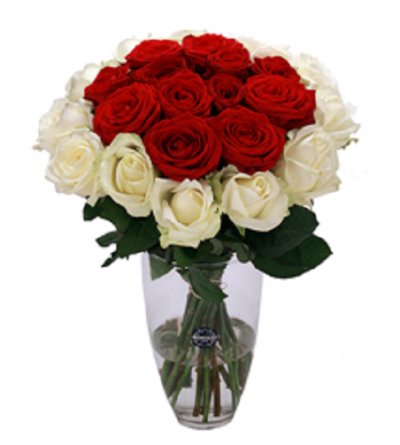 Ramo de rosas vermelhas e brancas em vaso de vidro