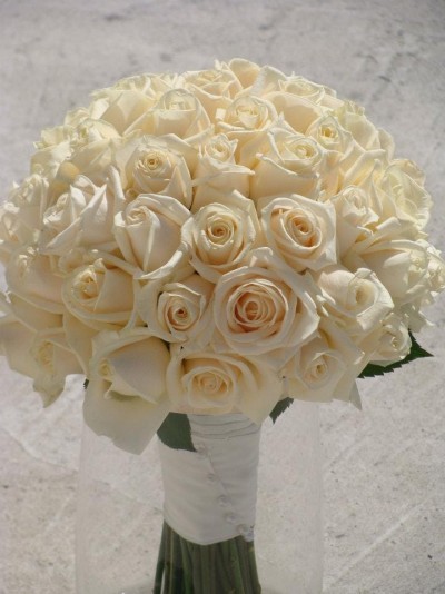 Buquê de rosas brancas amarrado com tecido branco